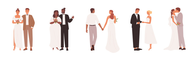 Set of newlyweds. Man and woman in festive clothes with flowers and rings. Wedding, marriage day. Brides amd grooms of different race and body types.