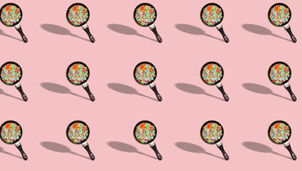 pattern made from a pan, the pan contains colorful chopped papers that are not for eating, creative art design, art restaurant