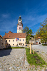Fototapeta premium View of the castle from the first courtyard in Czech Krumlov, Southern Bohemia, Czech Republic