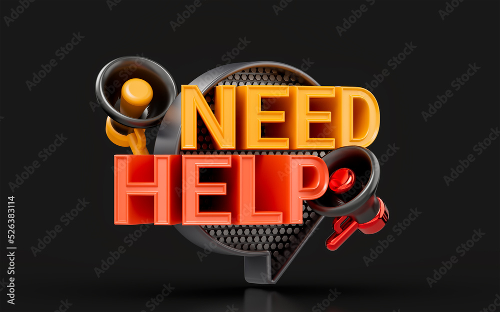 Wall mural need help banner template with megaphone on dark background 3d render concept for customer service
