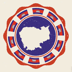Cambodia vintage sign. Grunge round logo with map and flags of Cambodia. Neat vector illustration.