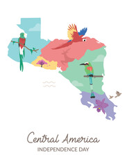 VECTORS. Editable banner for Central America Independence day, September 15. Central America map, nature, national symbols, landscape, Guatemala, Honduras, El Salvador, Nicaragua, Costa Rica
