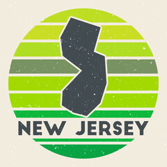 New Jersey logo. Sign with the map of us state and colored stripes, vector illustration. Can be used as insignia, logotype, label, sticker or badge of the New Jersey.