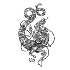 Sketch tattoo. Ancient dragon holding a key in its claws. Engraving style. Vector illustration.