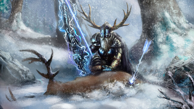 Viking archer-hunter hit a deer with an arrow from a magical thunder bow, there is snow and forest around. Digital drawing style, 2D illustration.