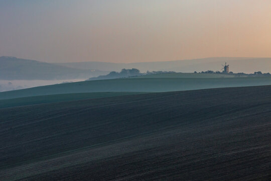 Looking over fields in the South Downs on a winter's morning