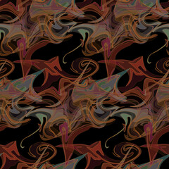 Abstract seamless pattern. Curved fluid shapes of copper, gold, green, blue, red on black background. Colorful fantastic backdrop
