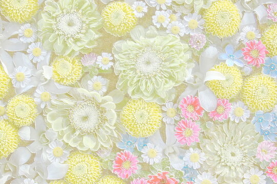 Relief of colorful flowers. Floral background in pastel colors. 