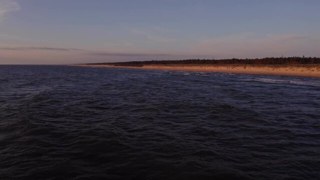 Sandy beach washed by large foamy waves, drone video from the sea. Beach near low forest, bird's eye view.