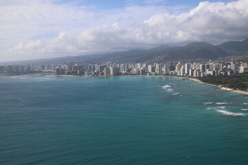 Aerial view of Honolulu, Hawaii with Waikiki Beach and Diamond Head in the background