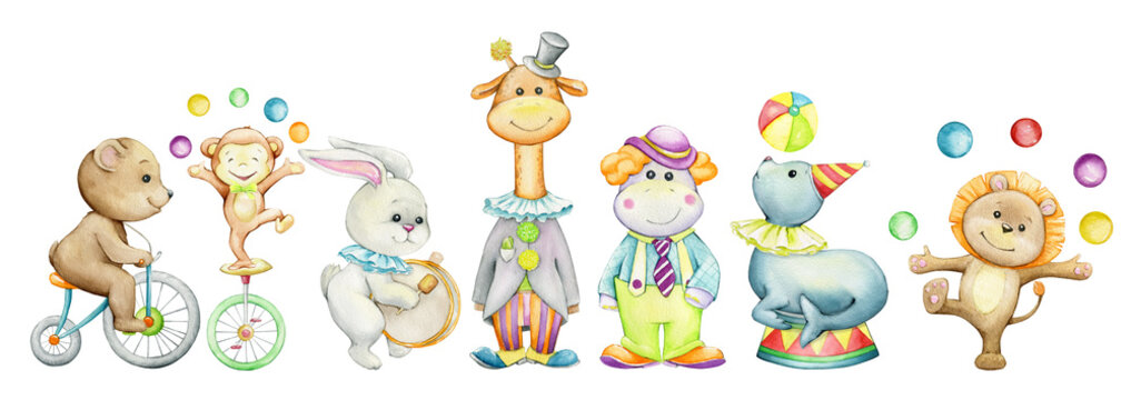 cute animals, costumes. Watercolor set, animals, cartoon style, on an isolated background.