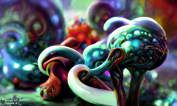 Alien fractals and fungus, digital oil painting, abstract. 