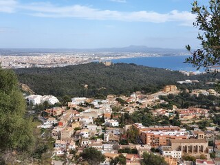 View of Genova, Mallorca, Balearic Islands, Spain, with the Castel Belver in the middle of the picture and Palma de Mallorca in the background