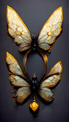 jewel in the shape of a butterfly, gold and precious stones, 3d render and digital painting, concept illustration