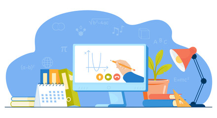Distance learning. Online lesson of math at computer. Students desk with calendar, folders, books, lamp, pensils, plant. Illustration for landing. Back to school