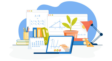 Distance learning.Laptop and windows frame with formulas. Students desk with calendar, folders, books, lamp, pensils, plant. Illustration for landing. Back to school
