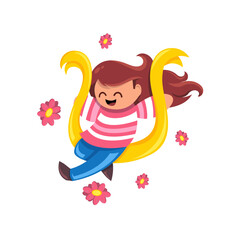 Girl swinging in a yellow tie. Vector illustration yellow September and suicide prevention. The illustration shows the beautiful life, surrounded by flowers.