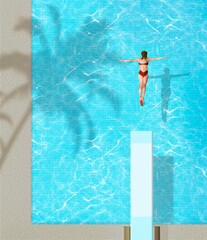 A girl is seen from overhead diving into a swimming pool as a palm tree casts a shadow on the water. This is a 3-d illustration.