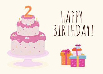 Greeting card with Happy Birthday inscription, cute cake and gift boxes 2 years