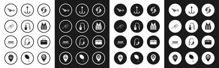 Set Fish, Fishing rod and fish, line with hook float, Spinning reel for fishing, jacket, Case box container wobbler gear equipment and boat water icon. Vector