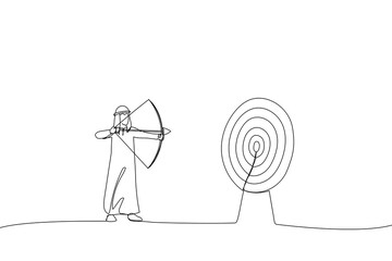 Naklejka premium Drawing of successful arab businessman aiming target with bow and arrow. Single line art style