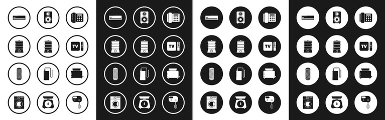 Set Telephone, Double boiler, Air conditioner, TV box receiver and player with remote controller, Stereo speaker, Toaster toasts and icon. Vector