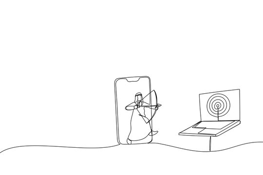 Cartoon of arab businessman from mobile app aiming target and other computer laptop. Metaphor for remarketing or behavioral retargeting in digital advertising. Single continuous line art style