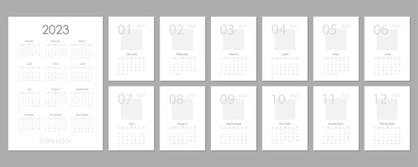 Monthly vertical wall calendar 2023 design tamplate black, grey, red and white colors. Sunday start annual calendar. Set of 12 months. Cover A4 A3 A2 A5