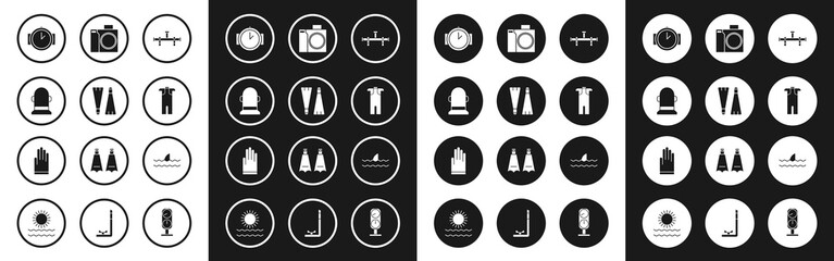 Set Manifold, Rubber flippers for swimming, Buoy, Diving watch, Wetsuit scuba diving, Photo camera diver, Shark fin ocean wave and Gloves icon. Vector