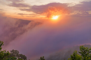 Sun breaks through the morning fog in the Smoky Mountains