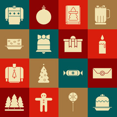 Set Cake, Envelope with christmas party invitation card, Burning candle candlestick, Christmas book, Merry ringing bell, Nougat nuts, sweater and Gift box icon. Vector