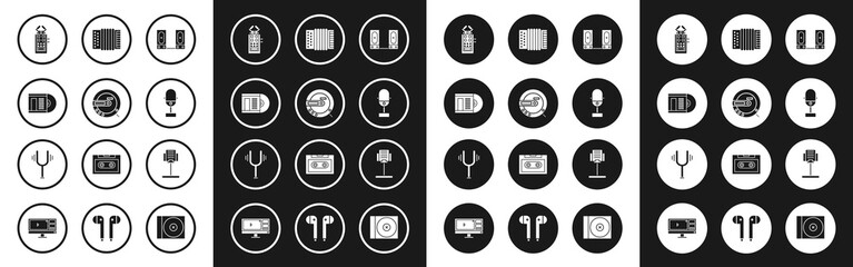 Set Stereo speaker, Music CD player, Vinyl disk, Microphone, Musical instrument accordion, stand and tuning fork icon. Vector