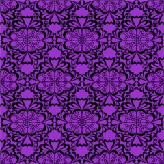 Schilderijen op glas seamless graphic pattern, floral black ornament tile on purple background, texture, design © Yuliia