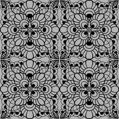 seamless graphic pattern, floral black ornament tile on gray background, texture, design