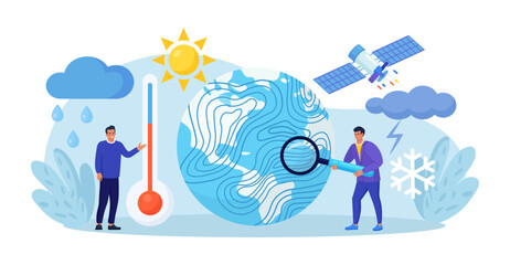 Meteorology, geophysics science. Meteorologists studying, researching climate condition. Weather forecaster predict weather with satellite service, met station and space engineering. Planetary science