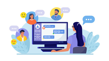 Woman chatting with friends, colleagues online. Communication, conversation on internet forum. Employee using computer for virtual meeting, video conference, messaging. Remote work. Social networks