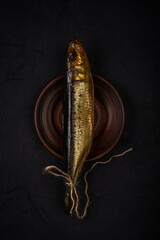 one cold-smoked sardine with a rope on its tail lies on an empty clay plate on a black concrete background. top view. dark artistic sea food concept