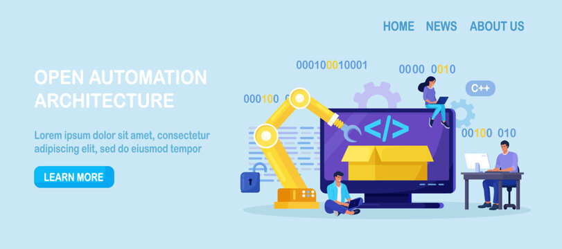 Developers creating software script at computer with open robotic soft. Open automation architecture, open source, free development. Programmers programming website for internet platform