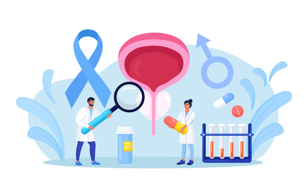 Prostate cancer. Urologist examines male genitourinary system. Diagnosis of prostatitis or sexual dysfunction. Andrologist engaged in prevention and treatment of prostate gland diseases. Vector design