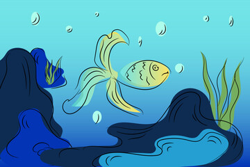 Panorama of the underwater world. Sea background.  Cartoon flat vector illustration.  The seabed with underwater plants and fish. Underwater illustration. The landscape of marine flora and fauna.