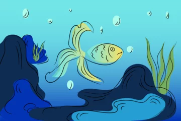 Zelfklevend Fotobehang Panorama of the underwater world. Sea background.  Cartoon flat vector illustration.  The seabed with underwater plants and fish. Underwater illustration. The landscape of marine flora and fauna. © Наталья Степина