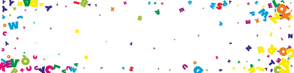 Falling letters of English language. Bright flying words of Latin alphabet. Foreign languages study concept. Sublime back to school banner on white background.