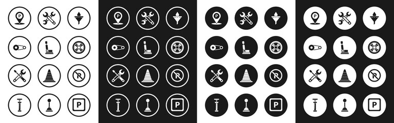 Set Funnel or filter and motor oil drop, Car seat, Timing belt kit, Location with parking, wheel, Wrench, No Parking stopping and Screwdriver wrench tools icon. Vector