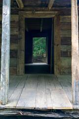Log cabin in the woods peering thought doorways to the outside.  Cades Cove  Great Smoky Mountains National Park.