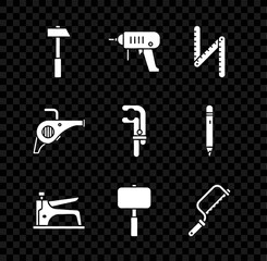 Set Hammer, Electric drill machine, Folding ruler, Construction stapler, Sledgehammer, Hacksaw, Leaf garden blower and Clamp tool icon. Vector