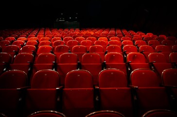 Empty theatre with red seats in low light stock photo