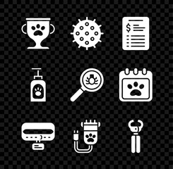 Set Pet award, Tennis ball, Grooming salon price list, Collar with name tag, Hair clipper pet, nail clippers, shampoo and Flea search icon. Vector