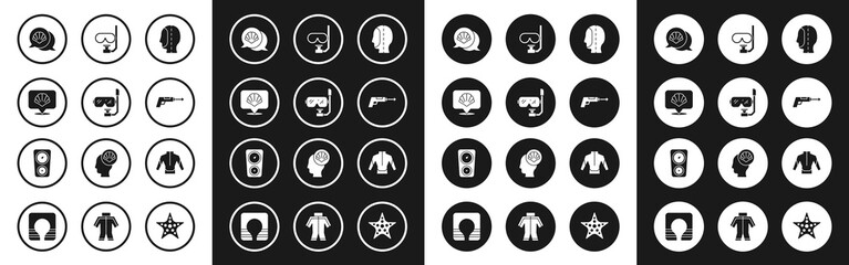 Set Diving hood, mask and snorkel, Scallop sea shell, Fishing harpoon, Wetsuit and Gauge scale icon. Vector