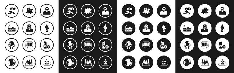 Set Face in protective mask, Earthquake, Barrel oil leak, Tree, stump, Battery and Hands holding globe icon. Vector