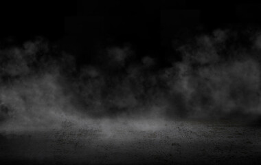 Concrete floor with smoke or fog in dark room with spotlight. asphalt street, black background - obrazy, fototapety, plakaty